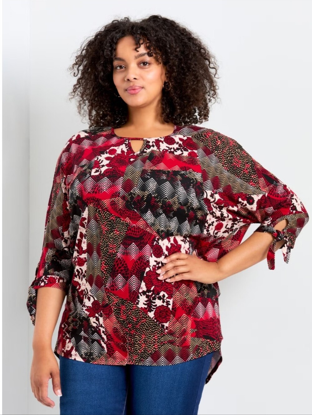 AVENUE " Analise" Red Patterned Tie-Sleeve Blouse with Keyhole Neck